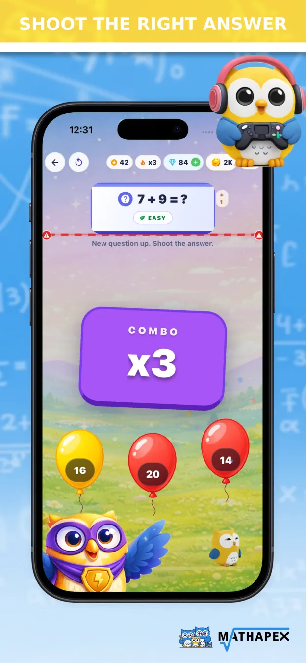 English MathApex balloon game showing an addition question and numbered answer balloons.