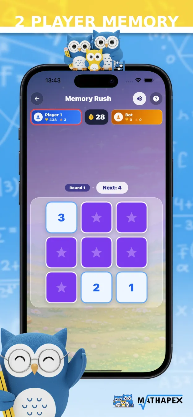 English MathApex Memory Rush screen with numbered cards and a round against a bot.