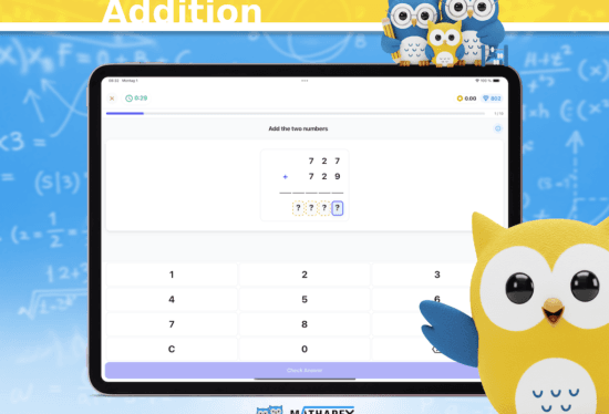 MATHAPEX app screenshot showing addition problem 727 + 729 with question marks for the sum and cute owl characters