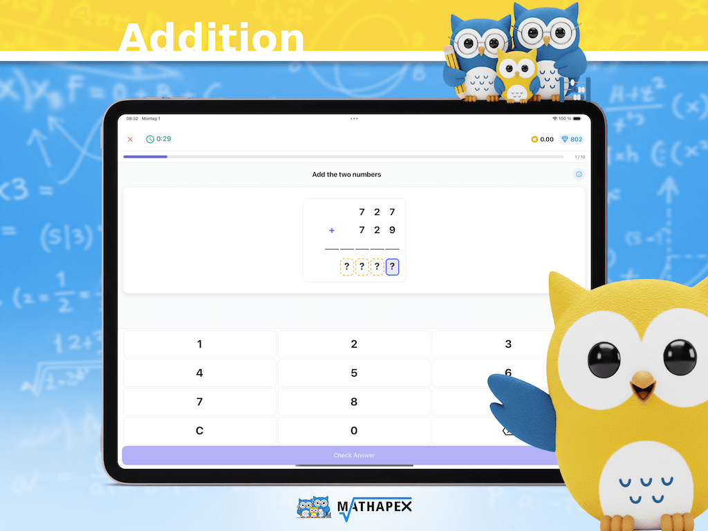 MATHAPEX app screenshot showing addition problem 727 + 729 with question marks for the sum and cute owl characters