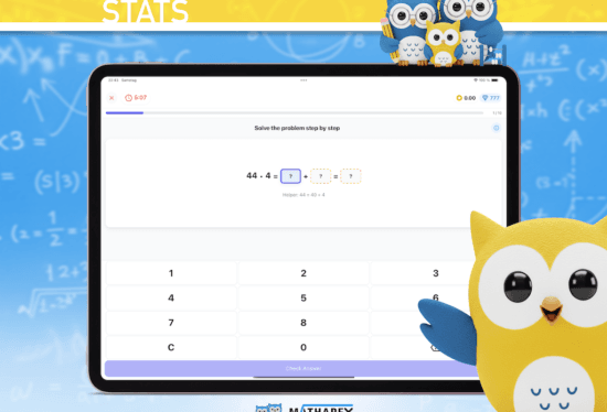 Math app screenshot showing 44 · 4 = ? + ? = ? with helper note: 44 = 40 + 4